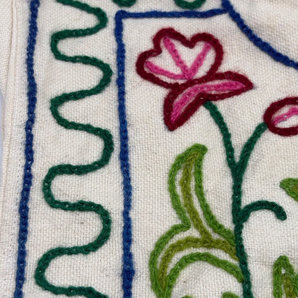 Vintage Boho Embroidered Floral Artisan Tote Bag Round Woven Handle Canvas Purse